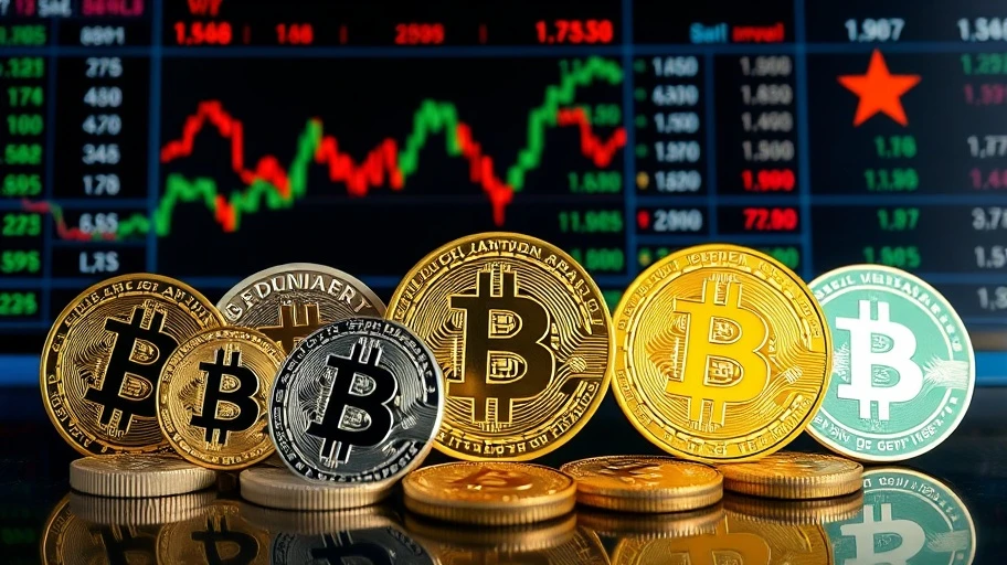 Biểu tượng Bitcoin và tiền ảo khác trên nền tài chính.