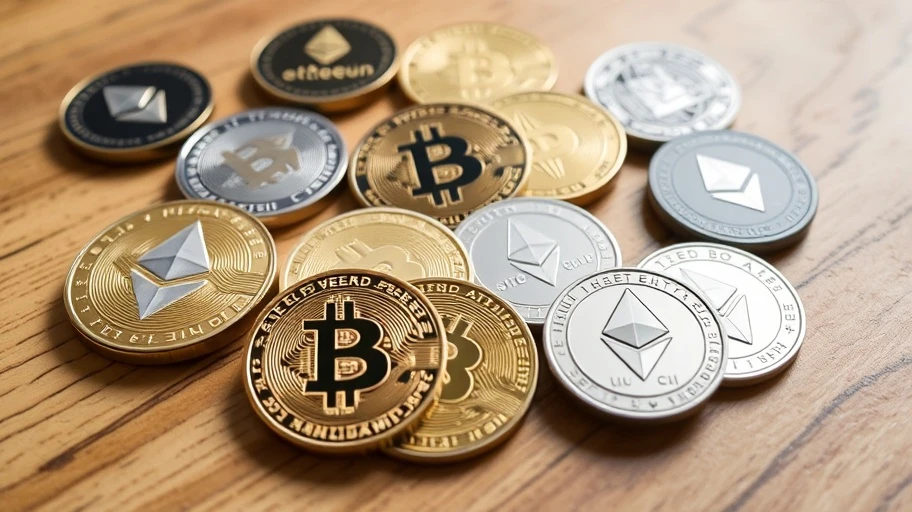 Hình ảnh các loại tiền điện tử như Bitcoin, Ethereum