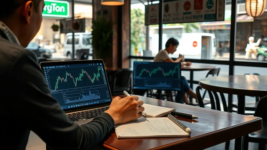 Người đang phân tích biểu đồ tiền ảo trên laptop.
