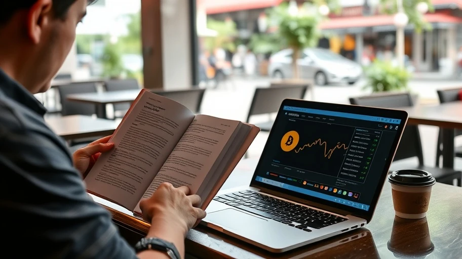 Người đọc sách về an toàn tiền ảo tại quán cà phê với máy tính xách tay mở.