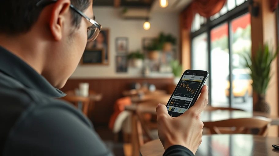 Người dùng ứng dụng Binance trên điện thoại trong quán cà phê.