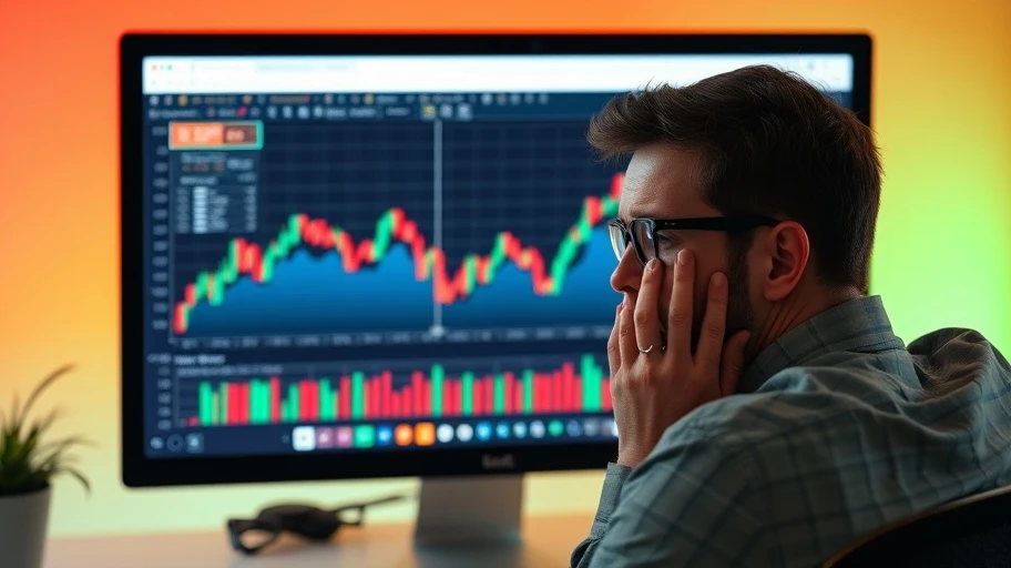 Nhà đầu tư trước màn hình máy tính đang lo lắng