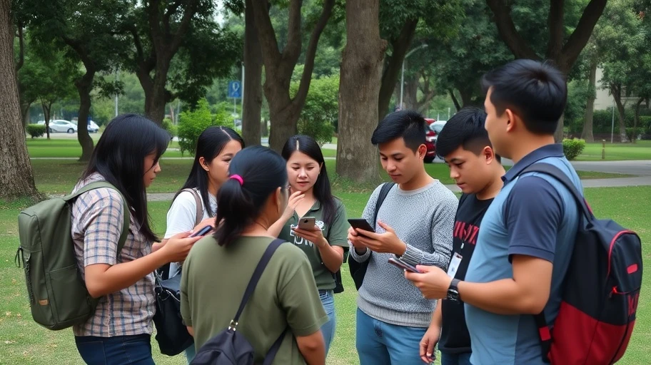 Nhóm người Việt Nam thảo luận về lừa đảo tiền ảo trong công viên.