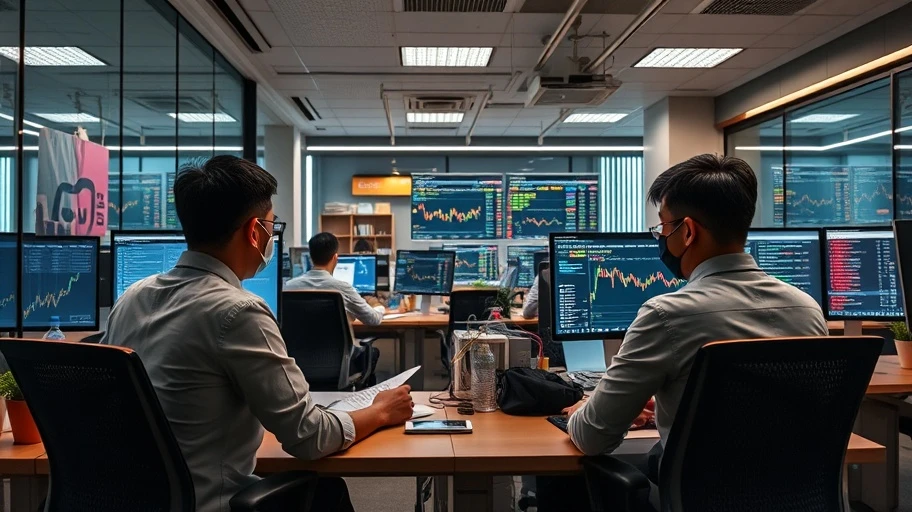 Những người giao dịch tiền ảo trên sàn phi tập trung trong văn phòng hiện đại.